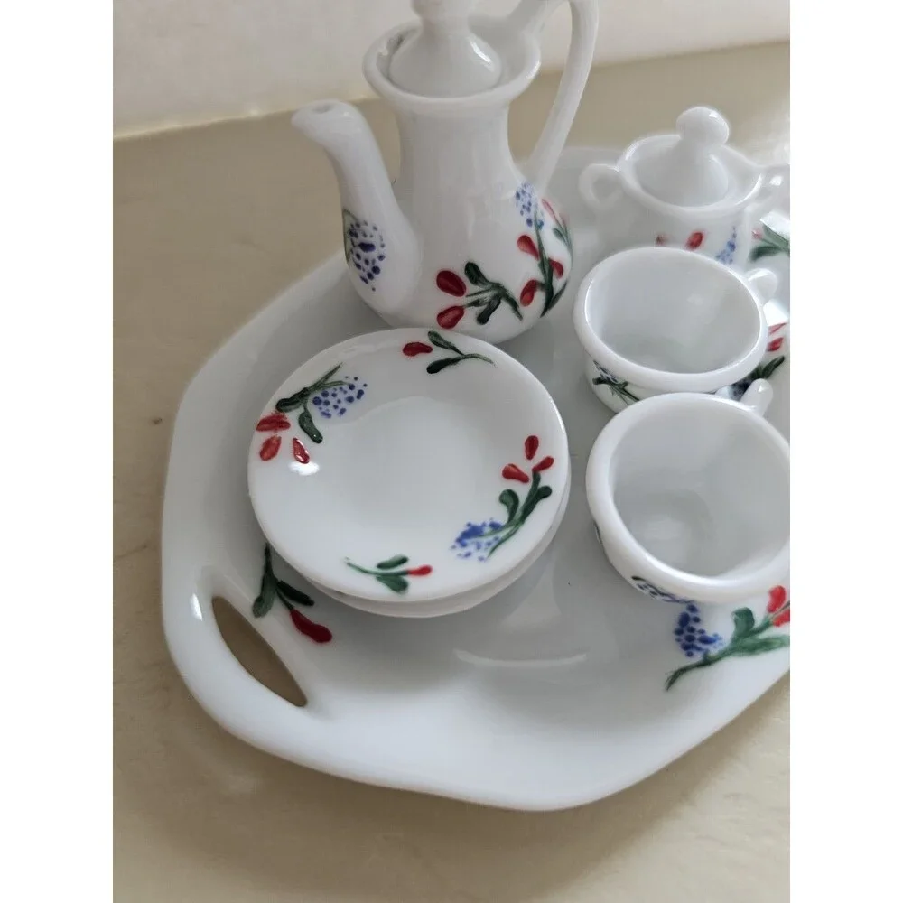Vintage Miniature Ceramic Dollhouse Tea Set Blue And Red Floral Design